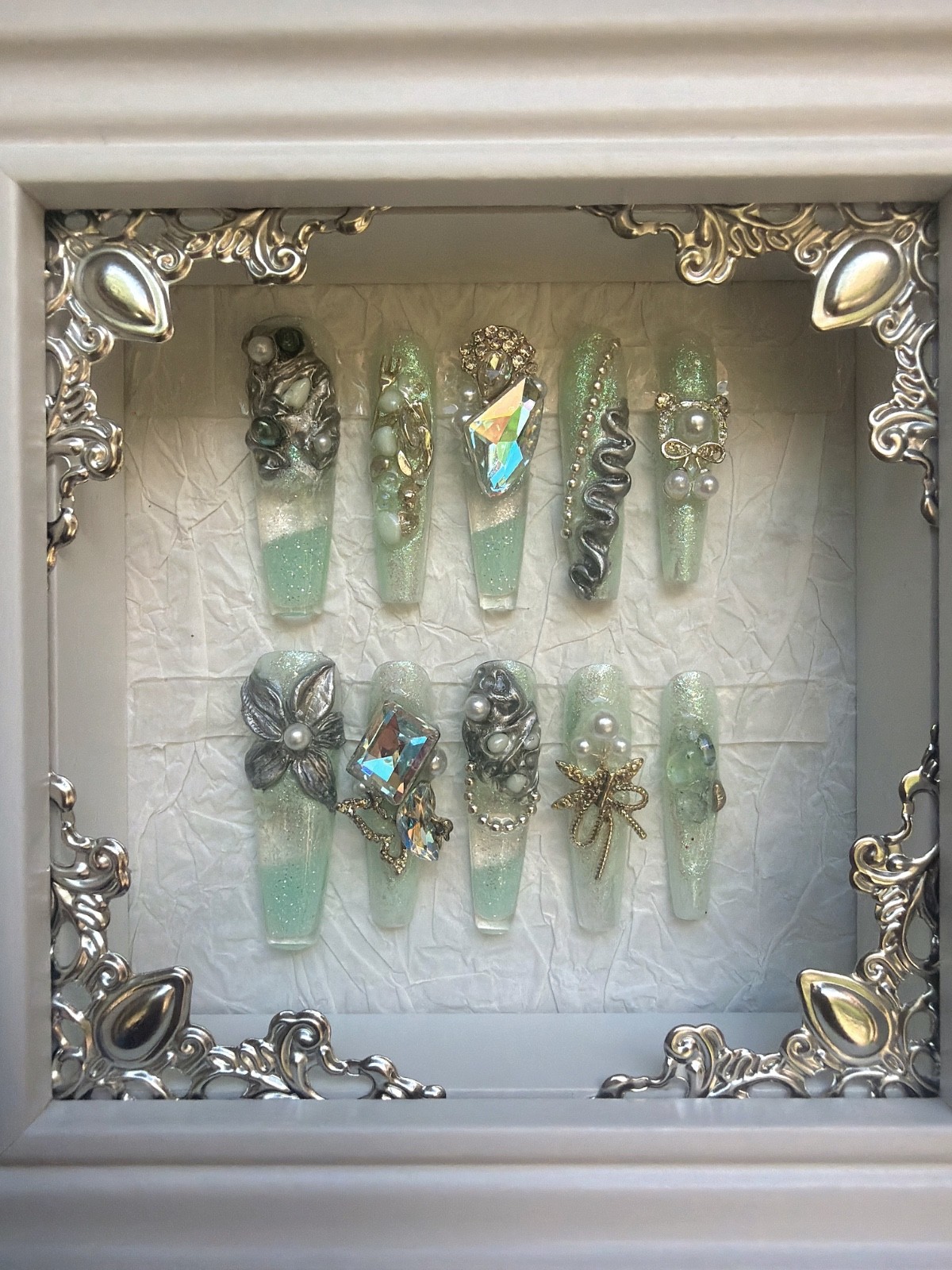 Mint Hourglass Press On Nail Set | Moving Sand Liquid Nail Set | Handmade Nails