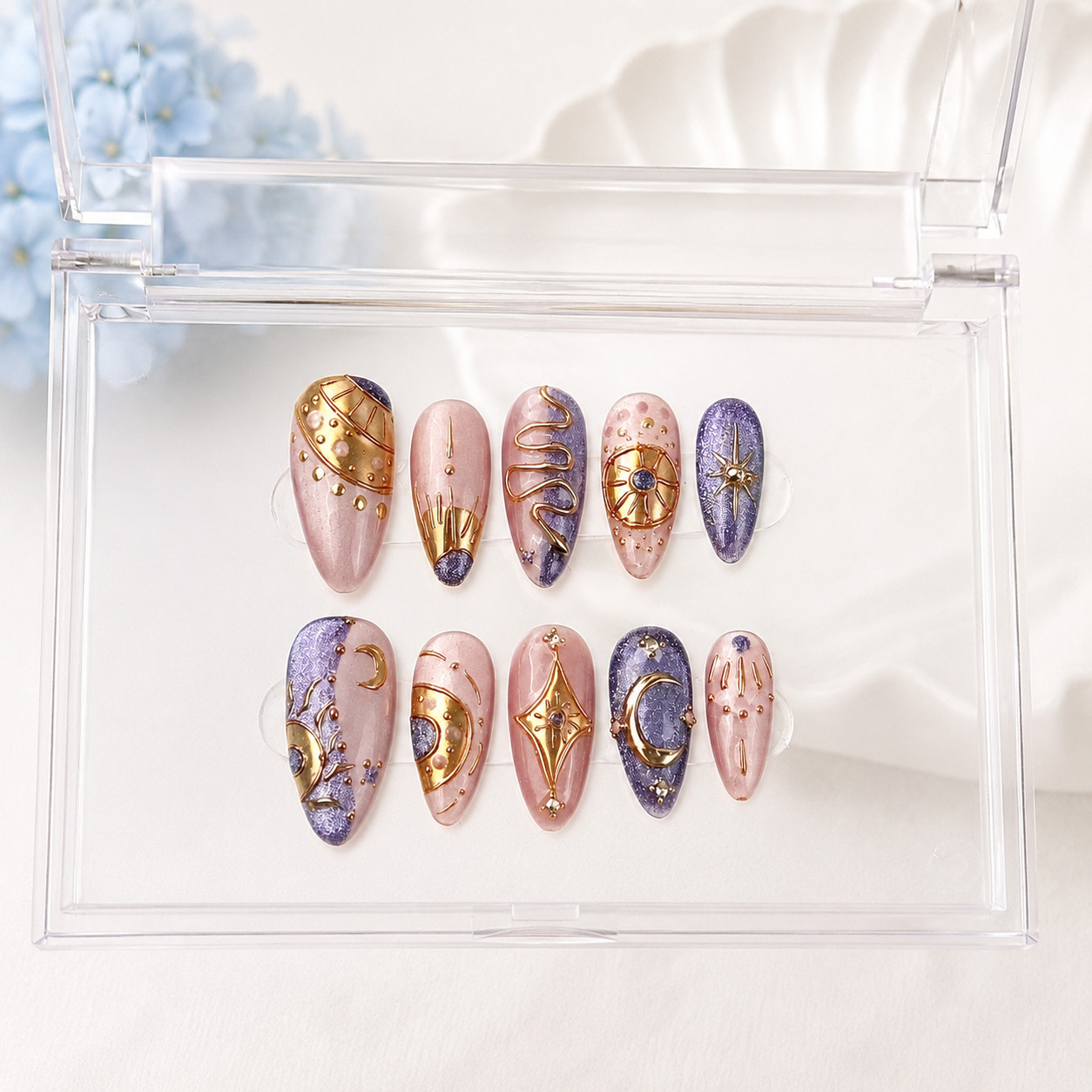 Press On Nails Medium Almond Celestial Moon Star Gold Purple Rhinestone Nail Set