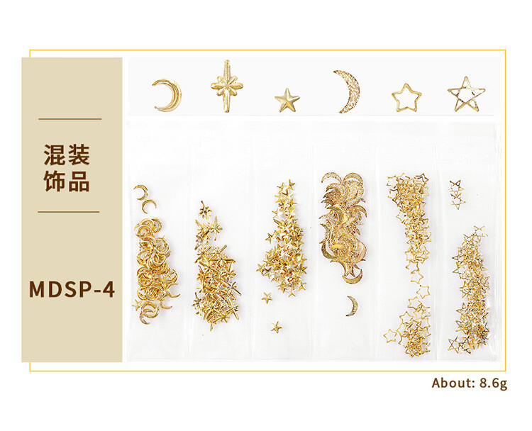 10 Packs Gold Nails Art Metal Rivets Studs Hollow Round Stars 3D Decoration Tips