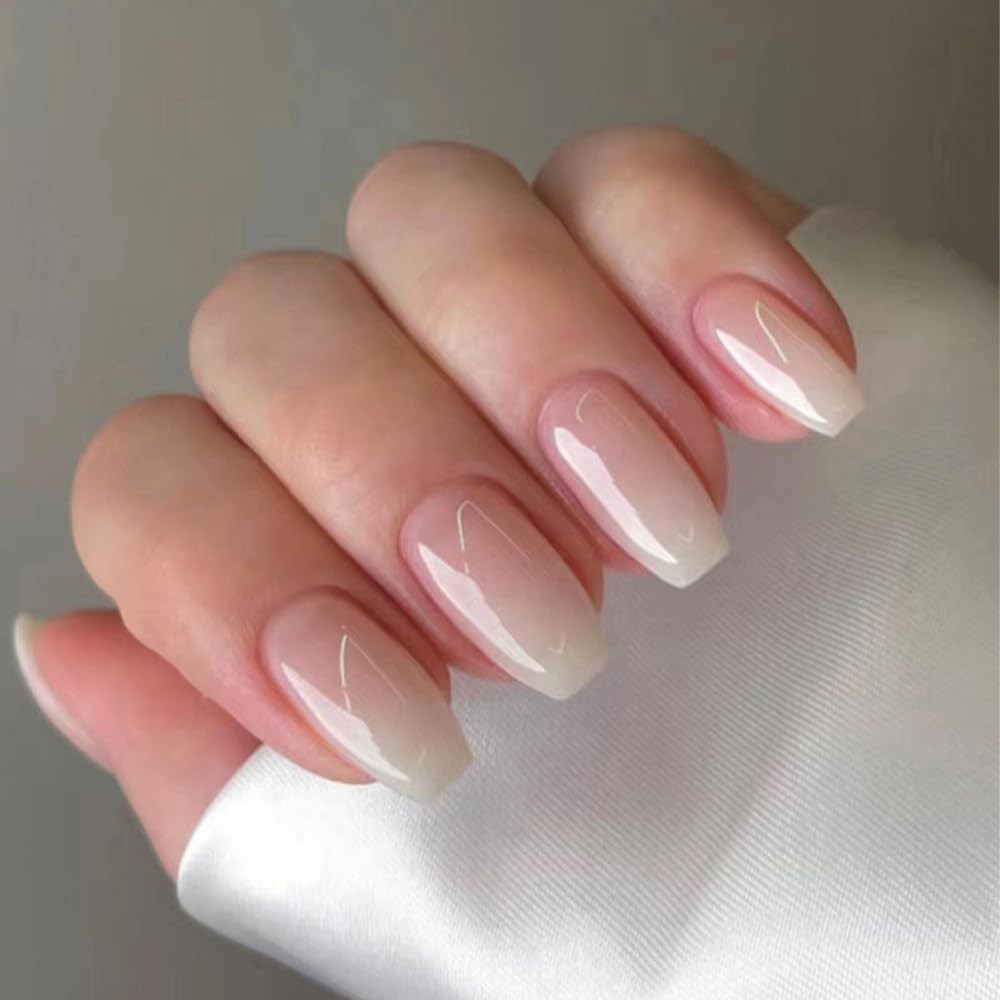 Ombre White Press on Nails Coffin Short Medium Pink on Nails with Gradient De…