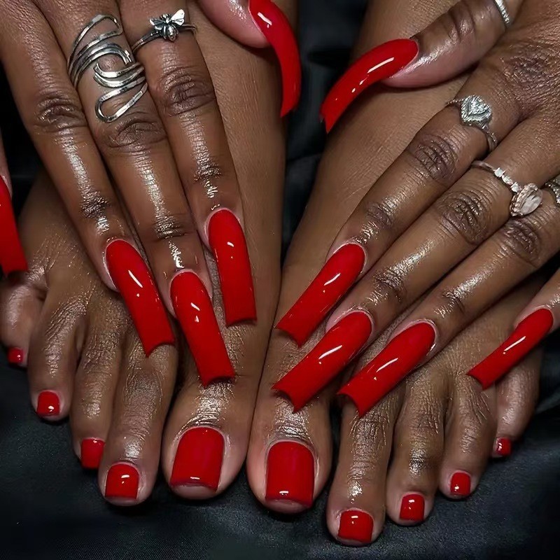 Classic Red Square Glossy Nail Tips Ins Style From Factory