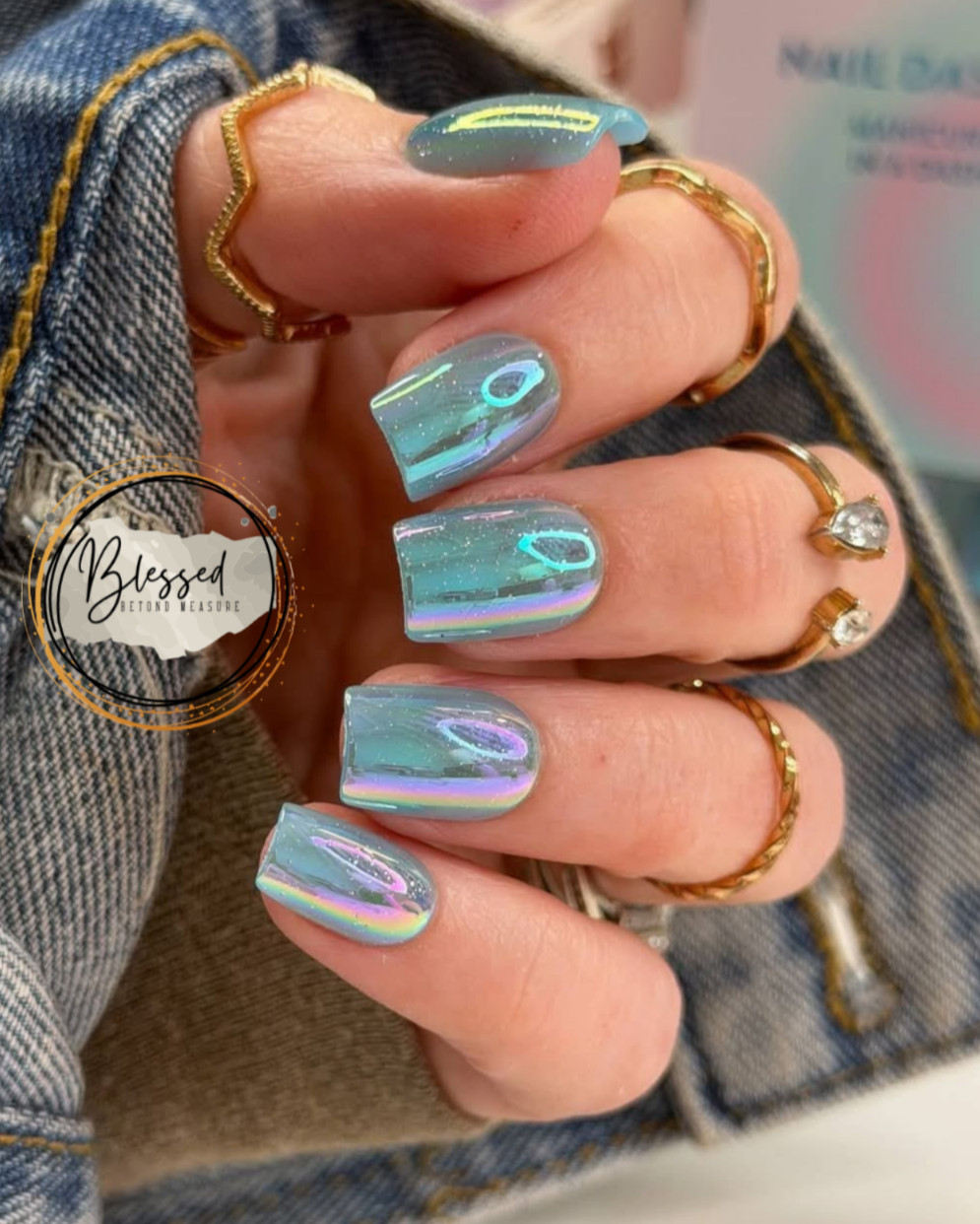 Red Aspen Press On Nails- Azure Ariana-Short-Coffin-Blue- Holographic