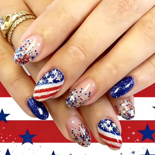 Oval Fake Nails 4th of July – Short Oval Nail – 3 Nails