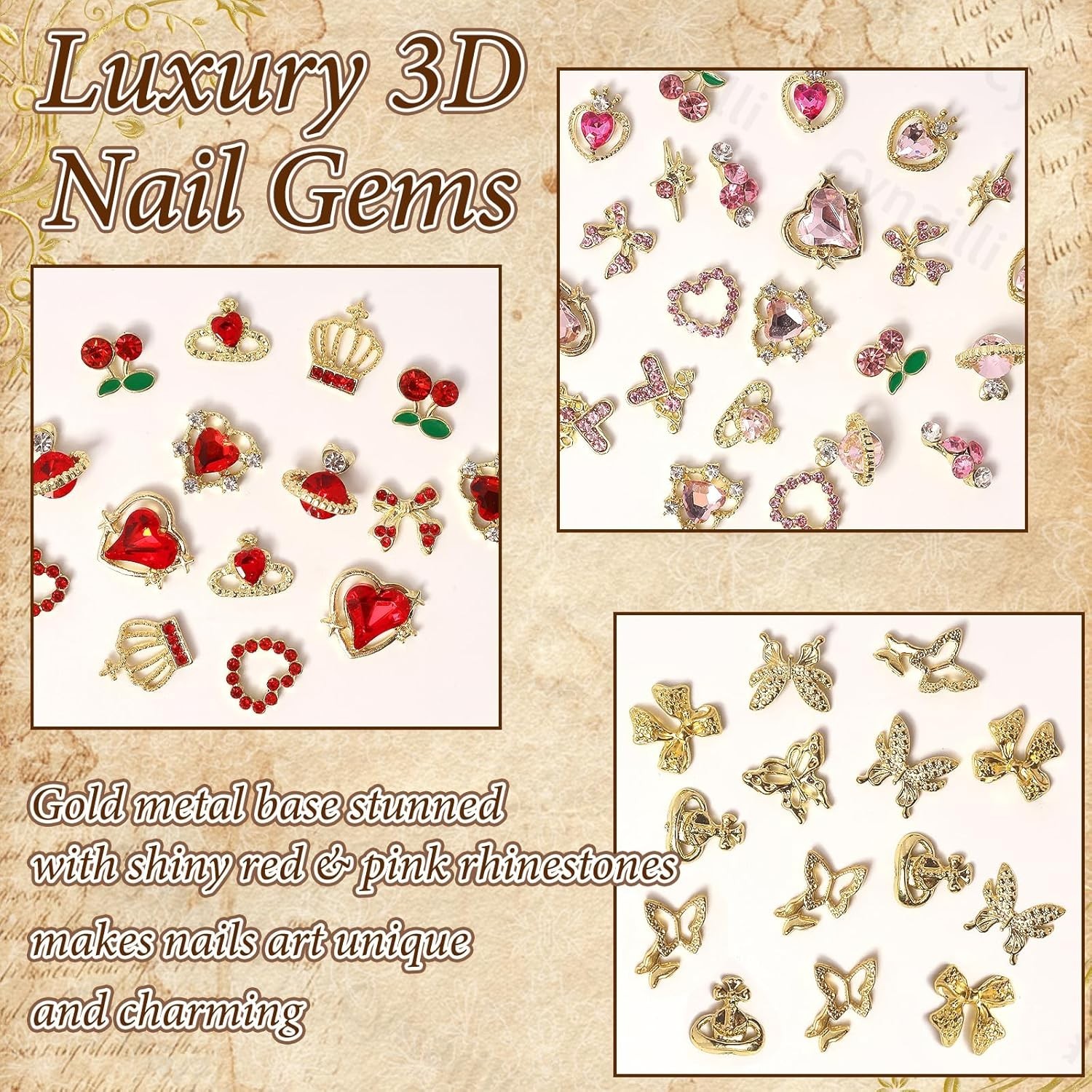 1 Pack of 50 Pcs Fusiform Gold Nail Charms Nail Art Kit 3D Nail Charms Nail Gems