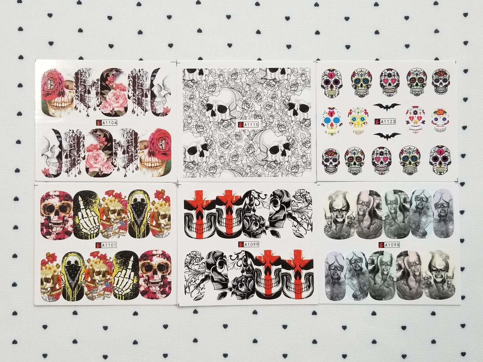 Goth Skull Nail Art Water Transfer Decals Sticker Small 6 Sheets【B】