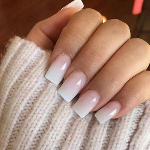 White and Pink Ombre Pink Press on Nails – Medium Square Glue – White and Pink