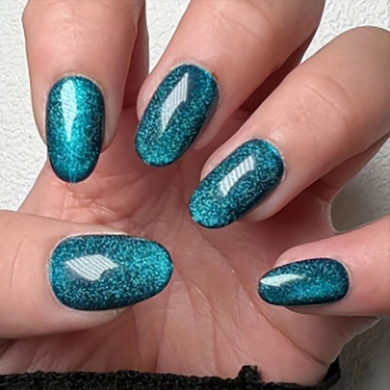 Blue Glitter Press on Nails Oval Fake Nails Cat Eye False Nails Short Style 18
