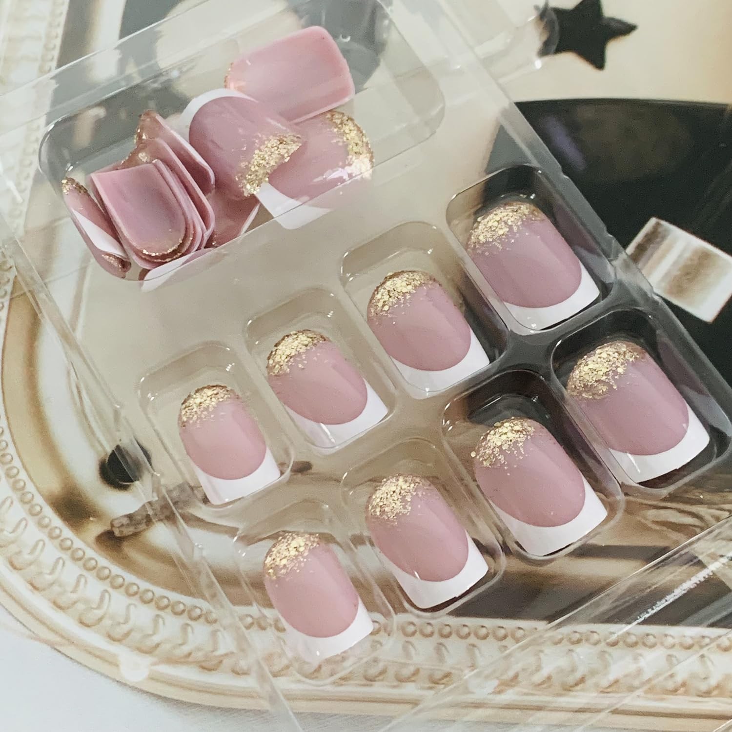 Press on Nails Short Length Coffin Shape, 24Pcs Full Cover Reusable Glossy Sq…