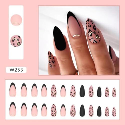 Black French Tip Press on nails Nude Fake Nails Medium Almond False Nails mh05