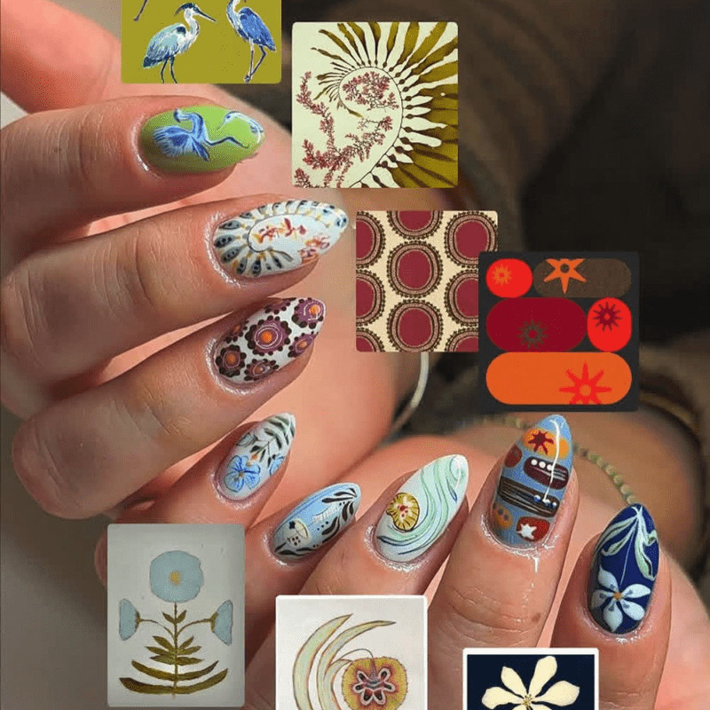 48pcs Almond Press on Nails, Retro Floral Bird Art Print Unique Fashion Nails