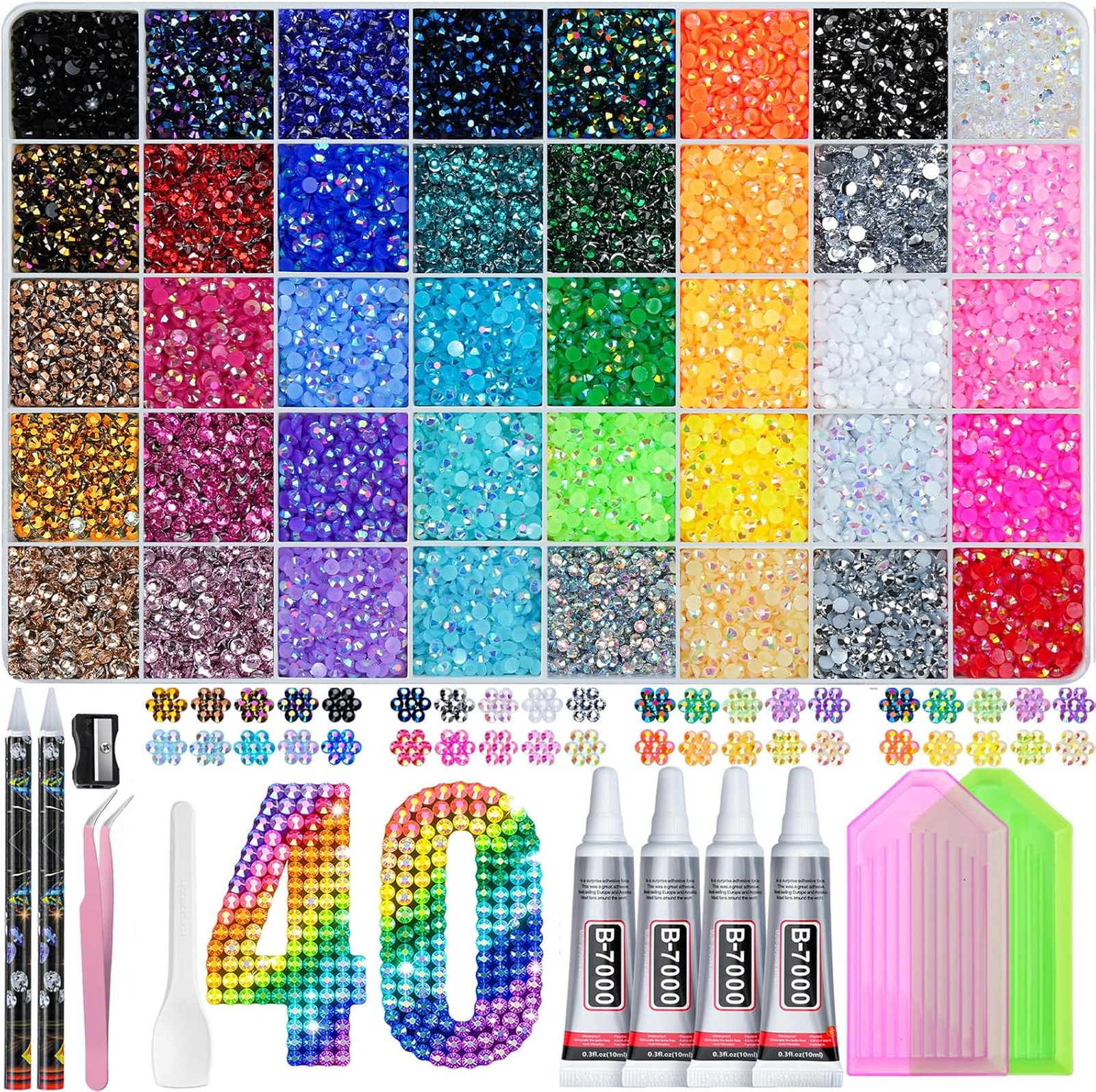 Bedazzling Kit with Rhinestones 3mm Resin Gems and Glitter Dot Art Supplies, 40