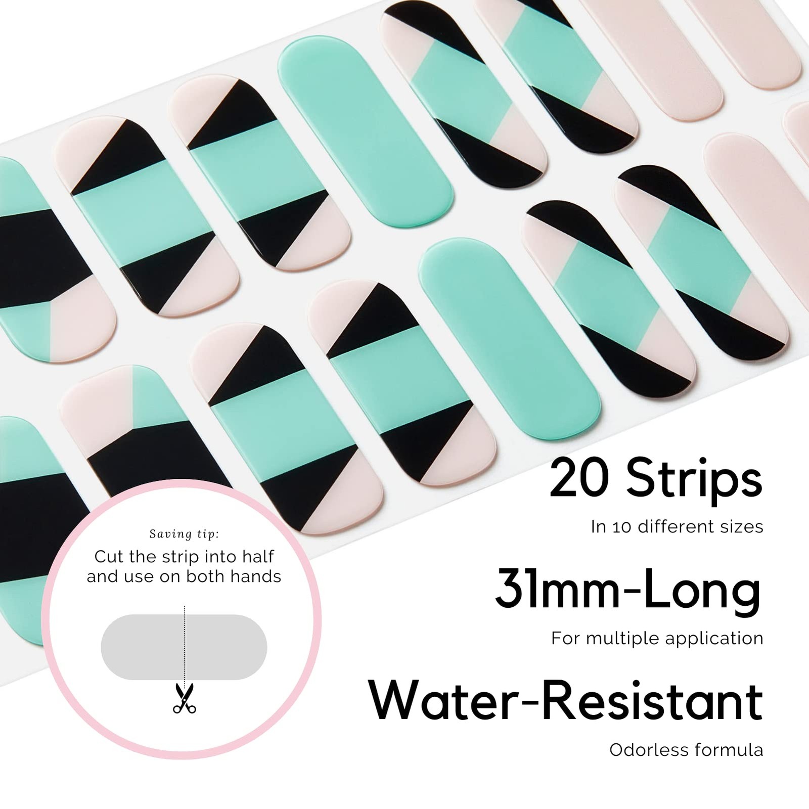 Semi Cured Gel Nail Strips, 20Pcs Long Lasting Light Green Black Color Block …