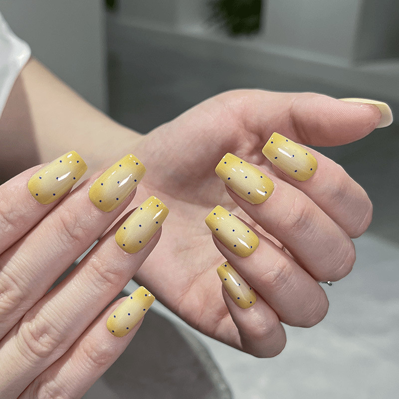 60pcs Short Square Press on Nails, Cream Yellow Gradient Blue Dot Minimal Nails