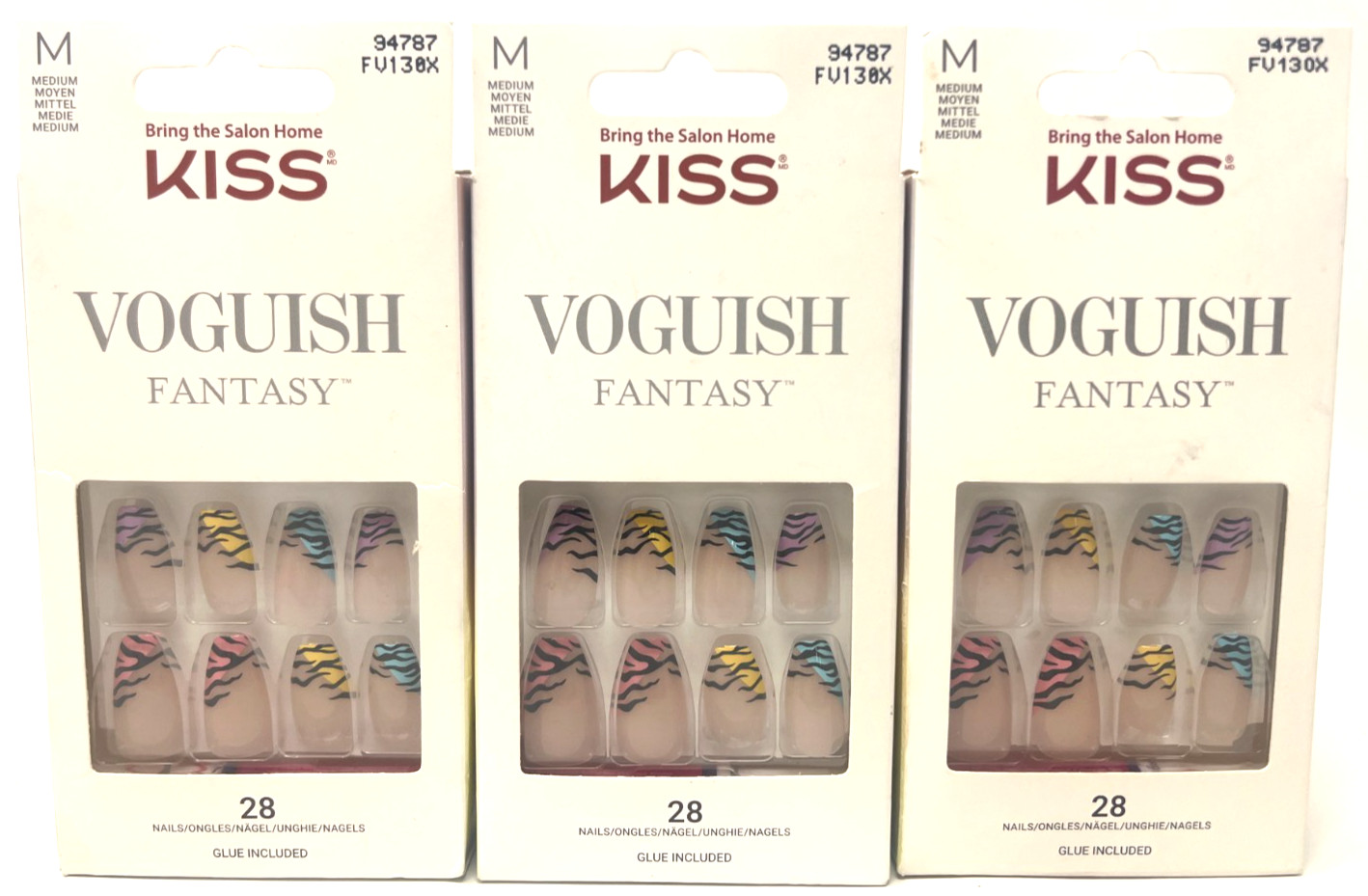 (3) Kiss Voguish Fantasy Nails New In Packaging 94787 FV130X Colored French