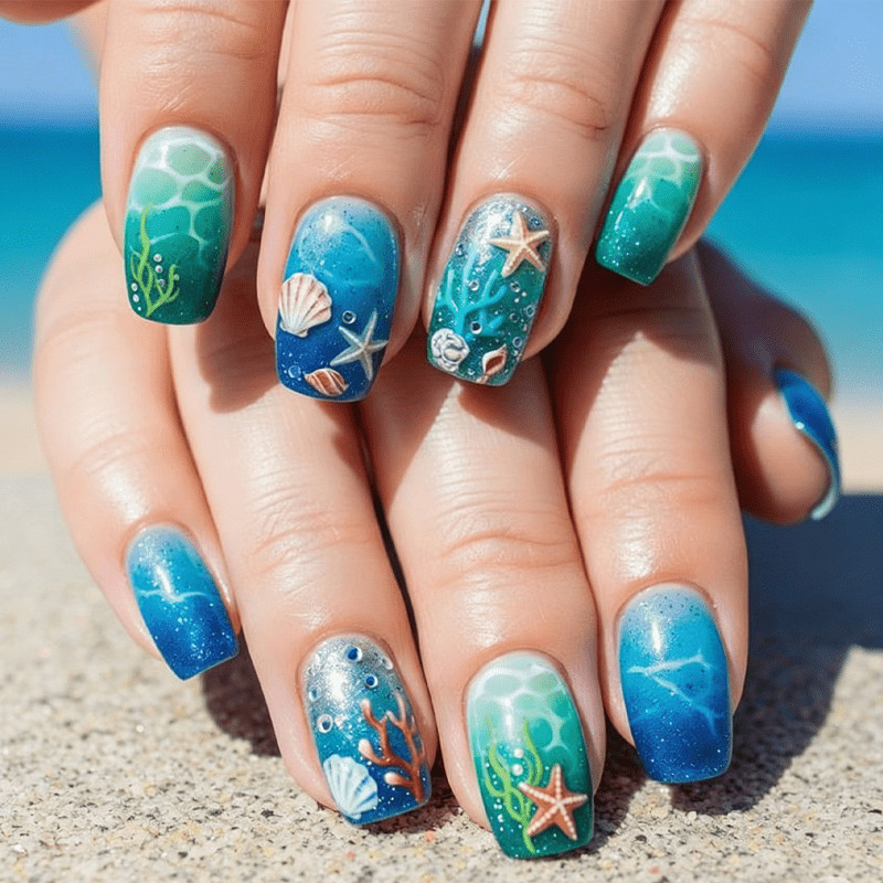48Pcs Short Square Nails, Gradient Tone, 3D Shell Starfish, Beach Style