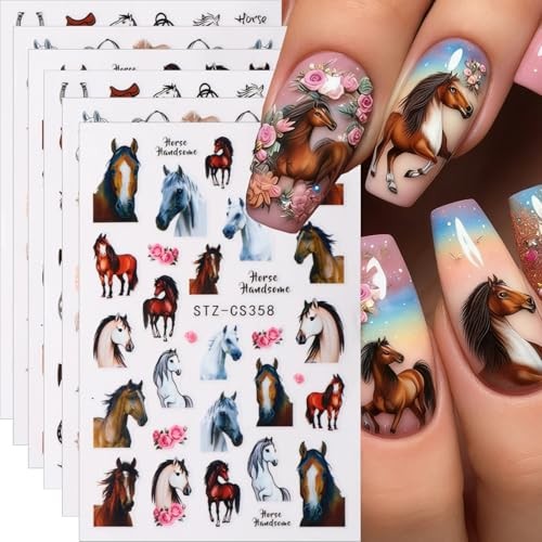 6 Sheets Horse Nail Art Stickers Decals 3D Self-adhesive Animal Flower Style-8