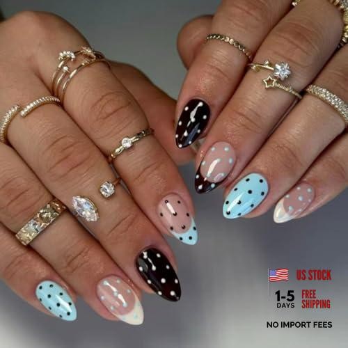 Polka Dot Press on Nails Fake Nails Summer Blue Nails Short Almond Style-23