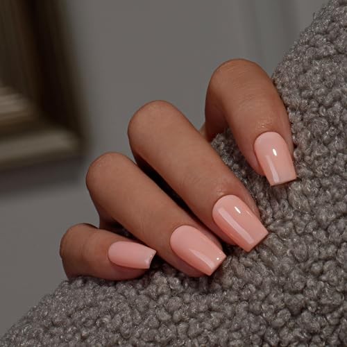 KQueenest Nude Pink Press On Nails Medium Square – Acrylic Coffin Nails, Sheer