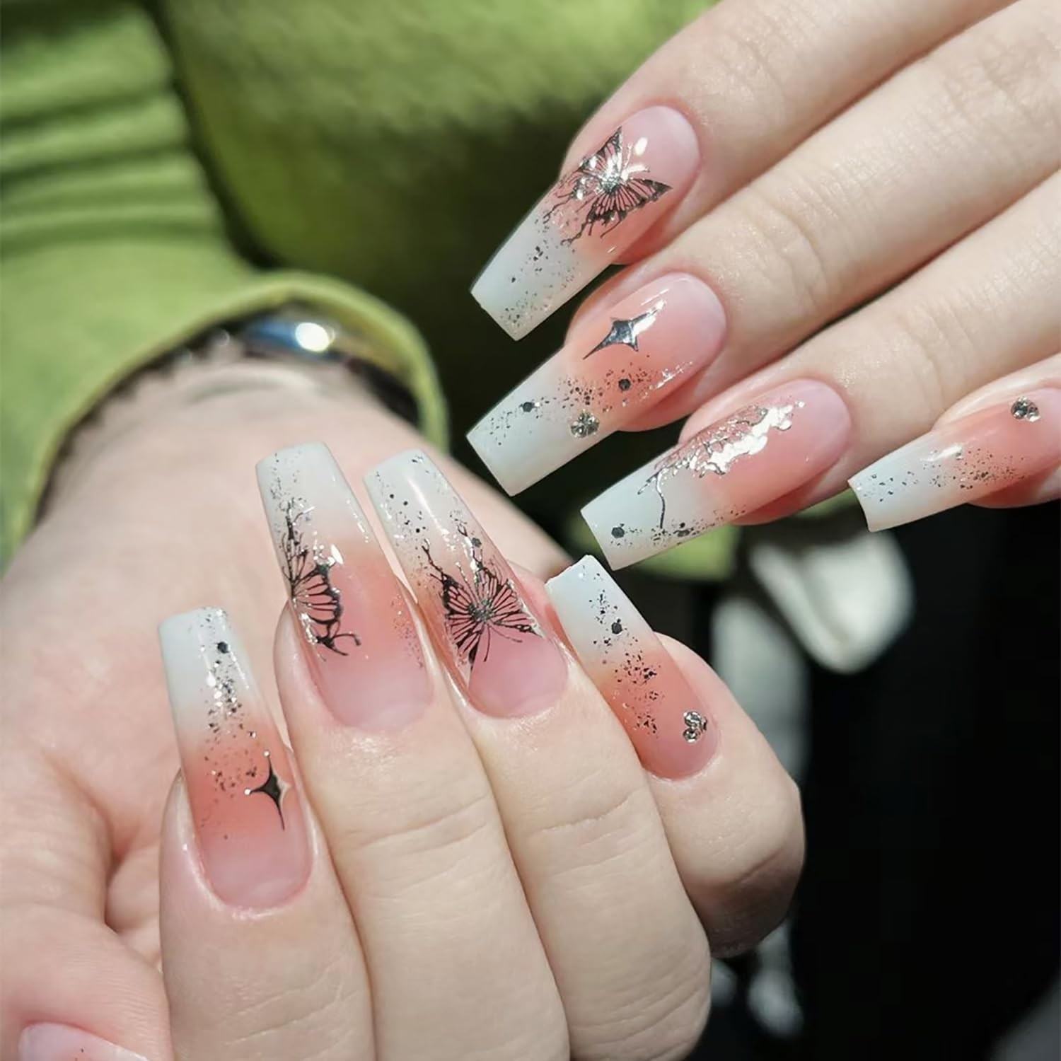 Butterfly Stars Press on Nails Long Coffin -24Pcs Butterfly Stars Fake Nails …