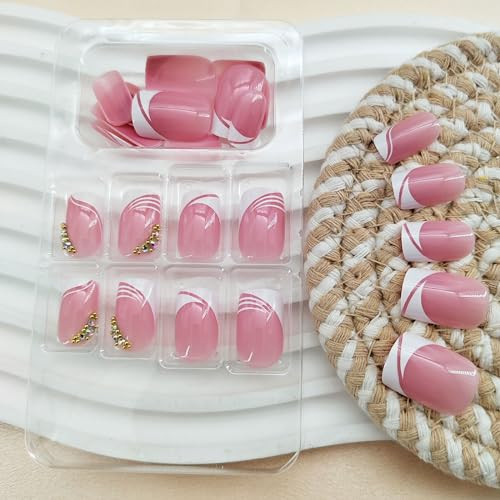 White French Tip Press on Nails Short Square Fake White French Tip Cute Pink