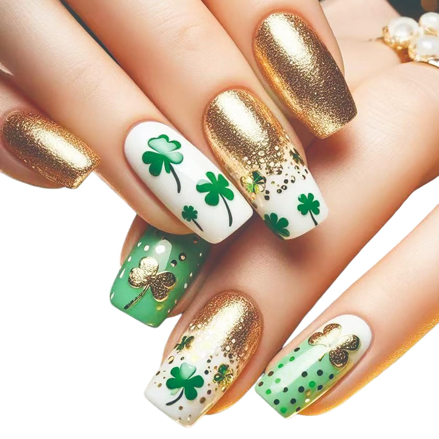 Glitter Press on Nails Medium Length Fake Nails with Glue Heart Gems Nail Charms