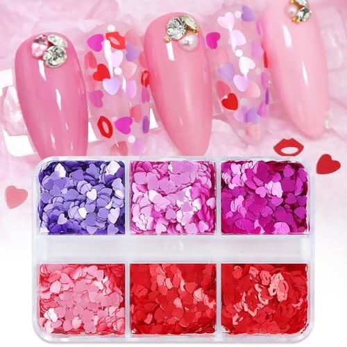 6 Grids Valentines Nail Art Glitter Sequins 3D Red Pink Purple Heart