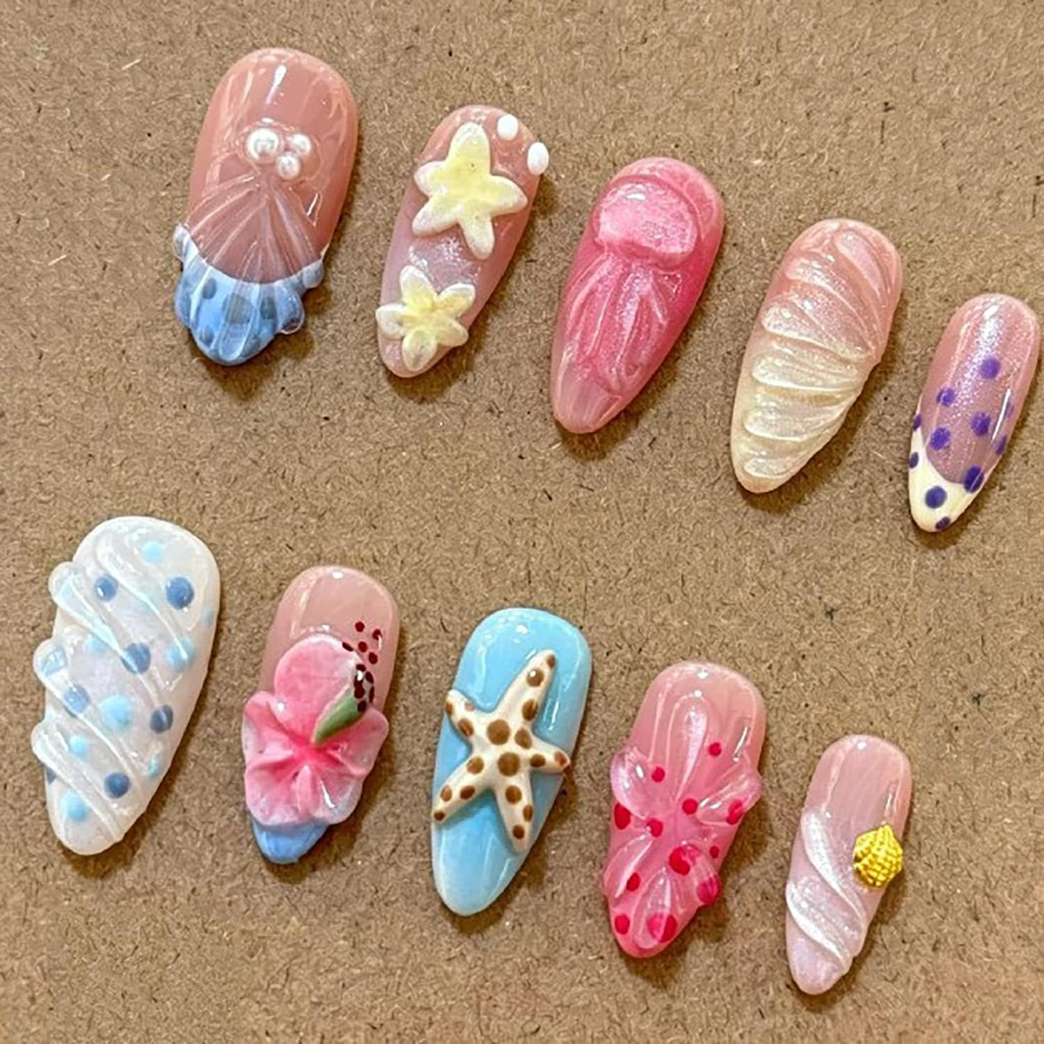 3D Summer Press on Nails Medium Almond Beach Fake Nails Gold Shell Jellyfish Oce