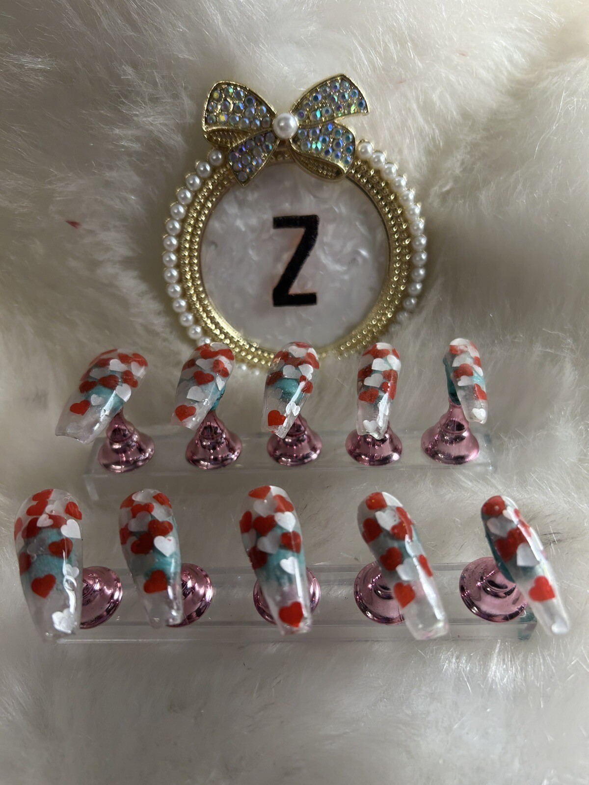 Z NAILZ! Handmade Clear L Coffin W/Red&White Hearts Encapsulated Press On Nails