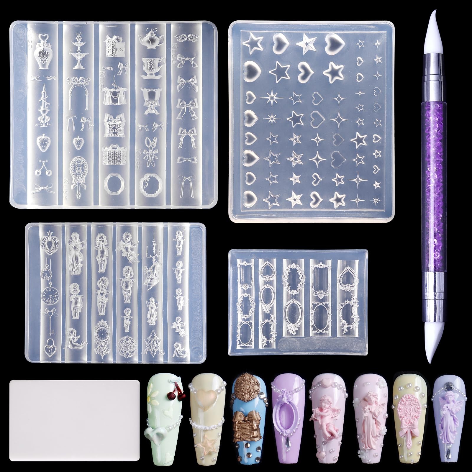 Laza 4pcs Silicone Nail Art Molds, 3D Virgin Mary, Mirror Frame, Heart, Bowknot