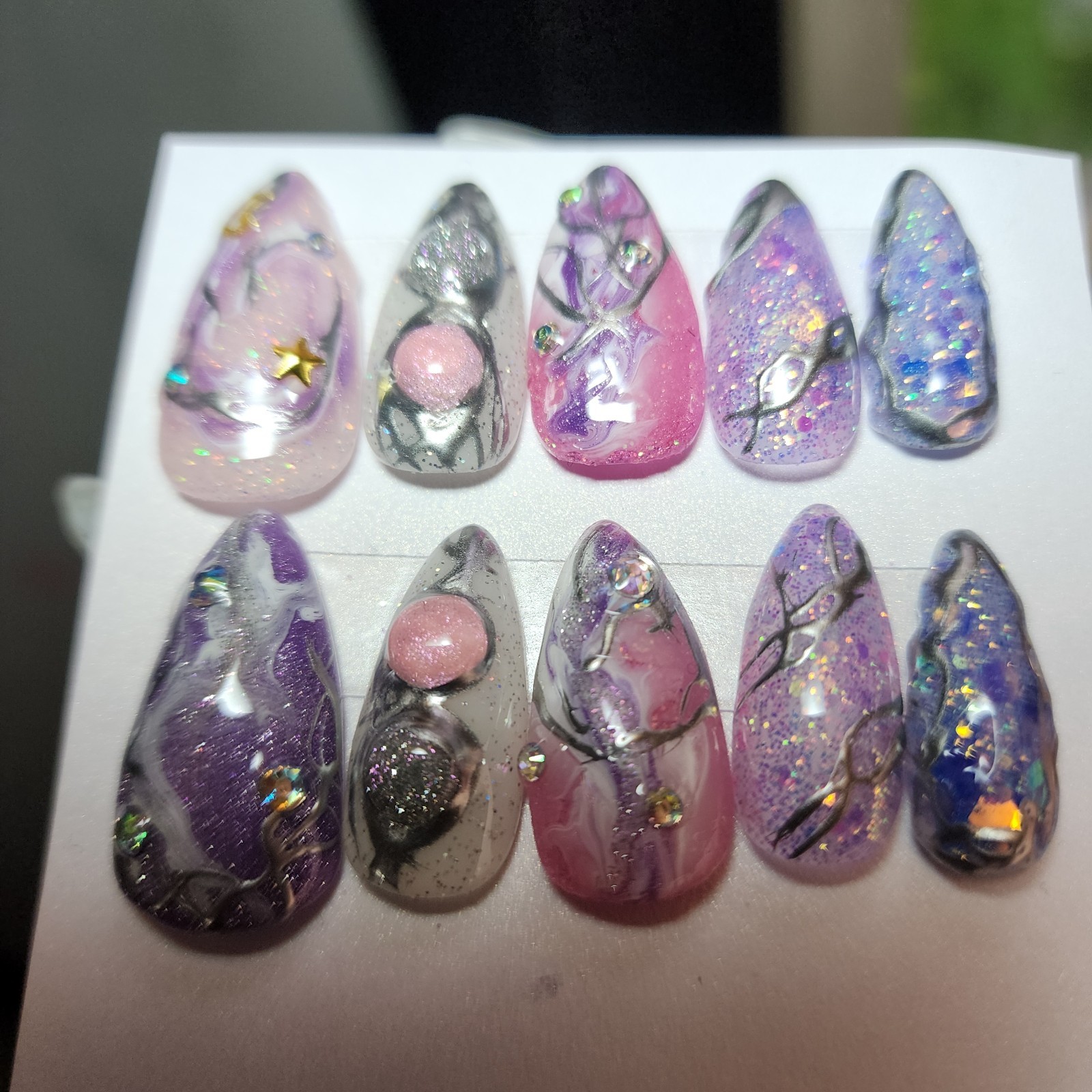 Handmade Medium Size Medium Length Stiletto Acrylic Press-ons W/Chrome Celestial
