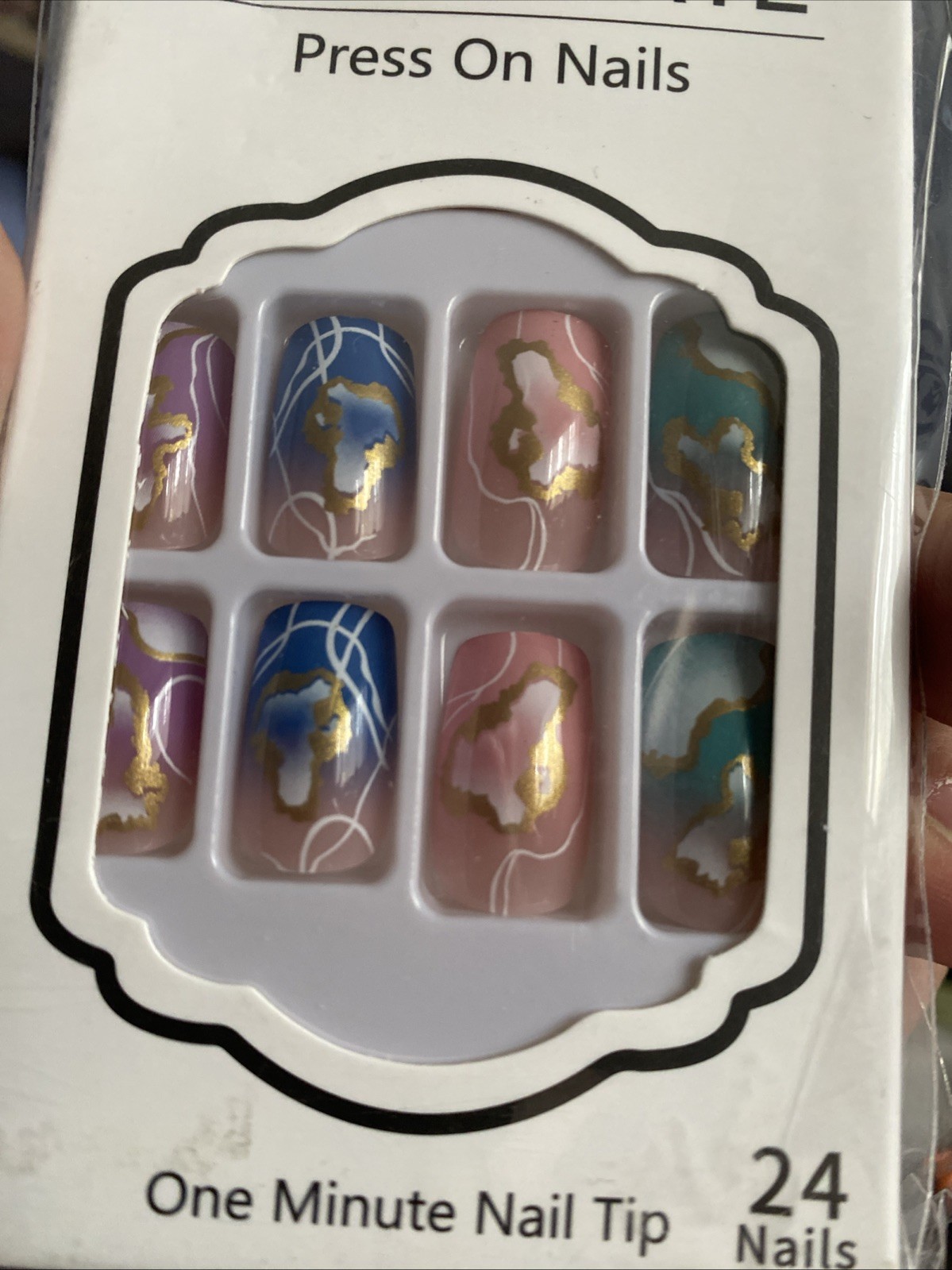 24 Pc Square Pastel Shiny Medium Press On Nails w/Glue & Stickons Glossy Easter