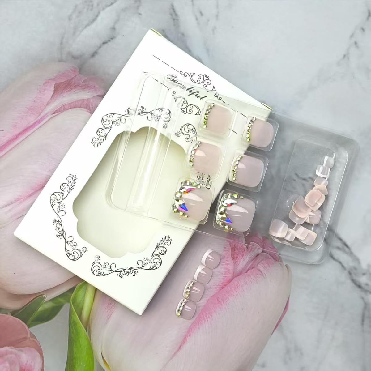 24Pcs Short Press on Toenails Square Fake Toenails with Rhinestones Design Wh…