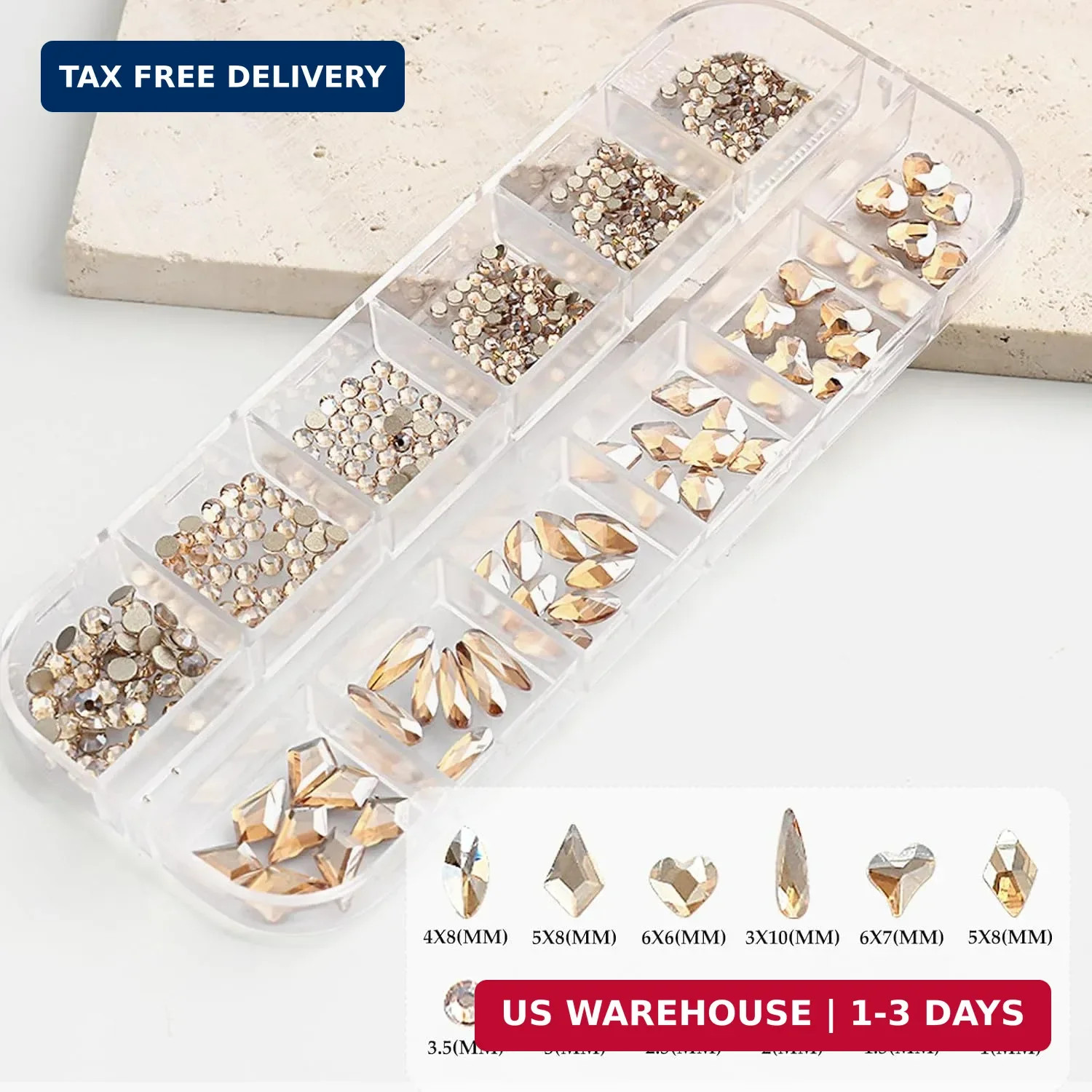 SUTOKAKA 1 Box Champagne Gold Nail Art Rhinestones Multi Shapes 3D Flatback Beda