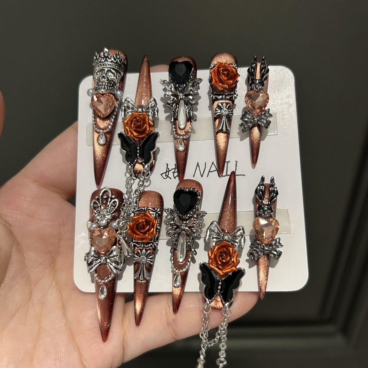Dark Luxury Handmade Black Press On Nails Long Full Diamond