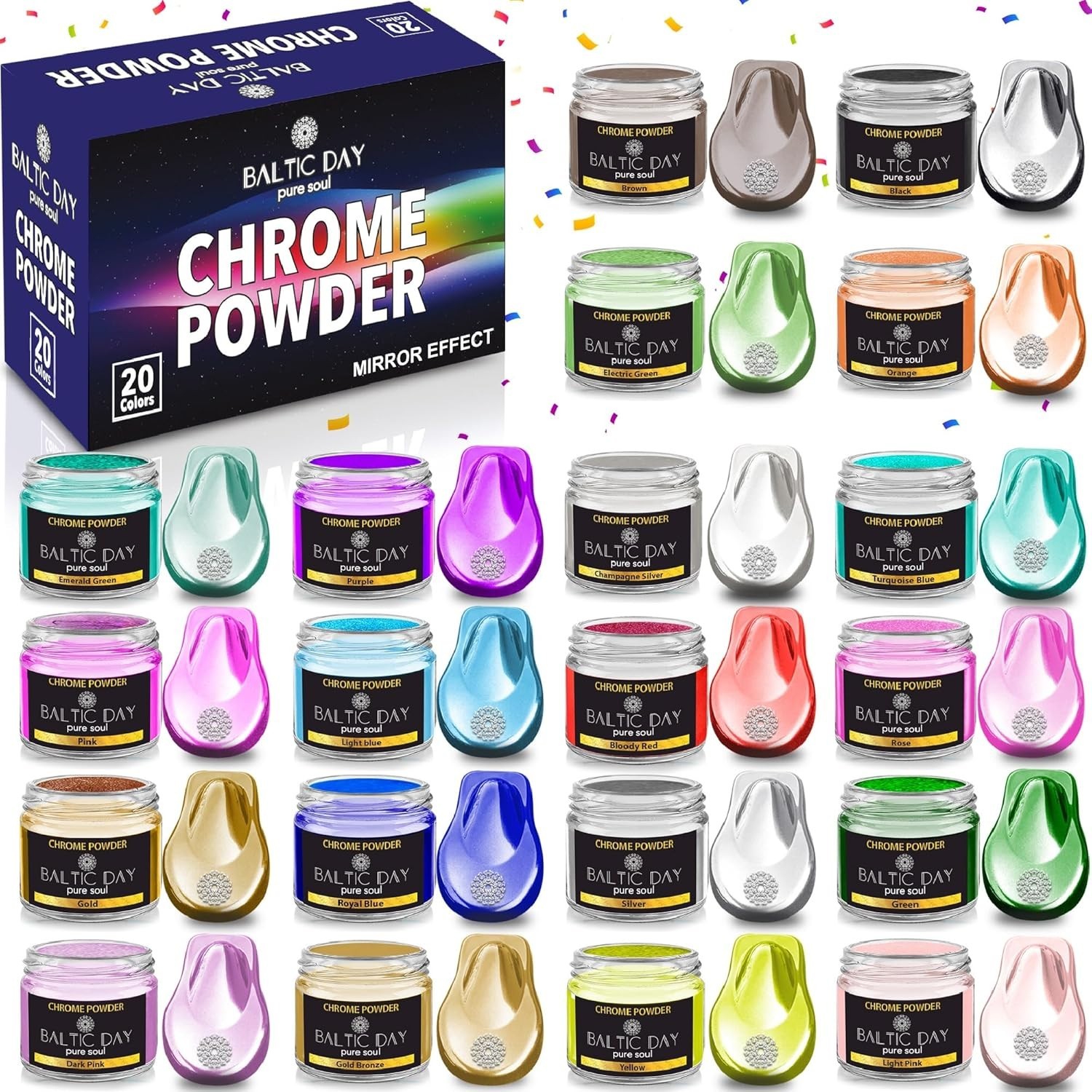 Chrome Pigment Powder Set 20 Vibrant Colors Non Toxic for Nail and Resin Art