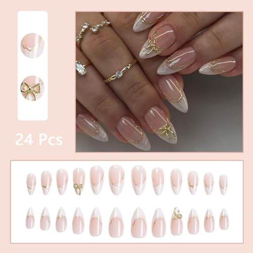 24pcs White French Tip Press On Nails, Almond Fake Nails with 3D Bow, Acrylic