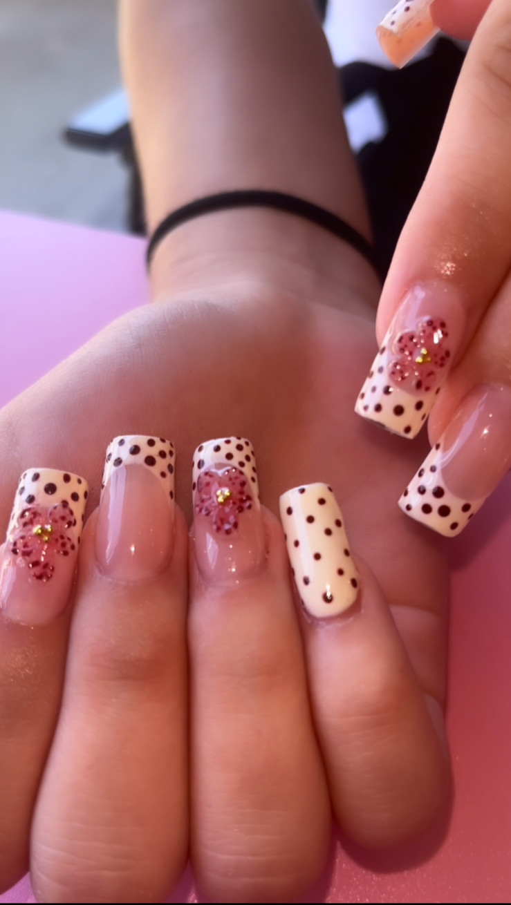 Handmade Press-On Nails White French Tip Brown Polka Dot 3D Flower