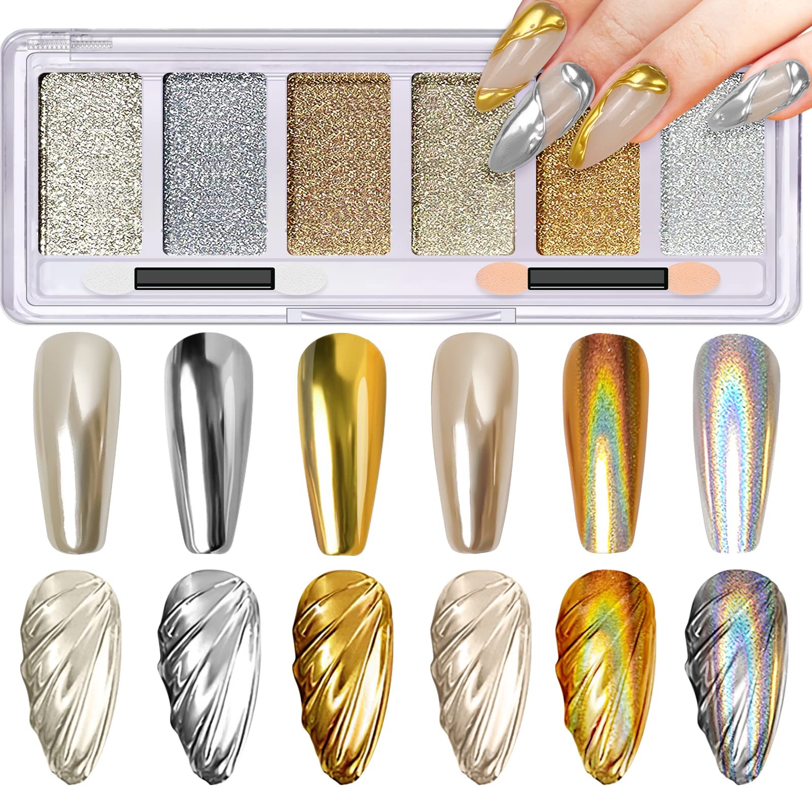 Gold Silver Chrome Nail Powder, 6 Colors Metallic Mirror Chrome Palette | Hologr