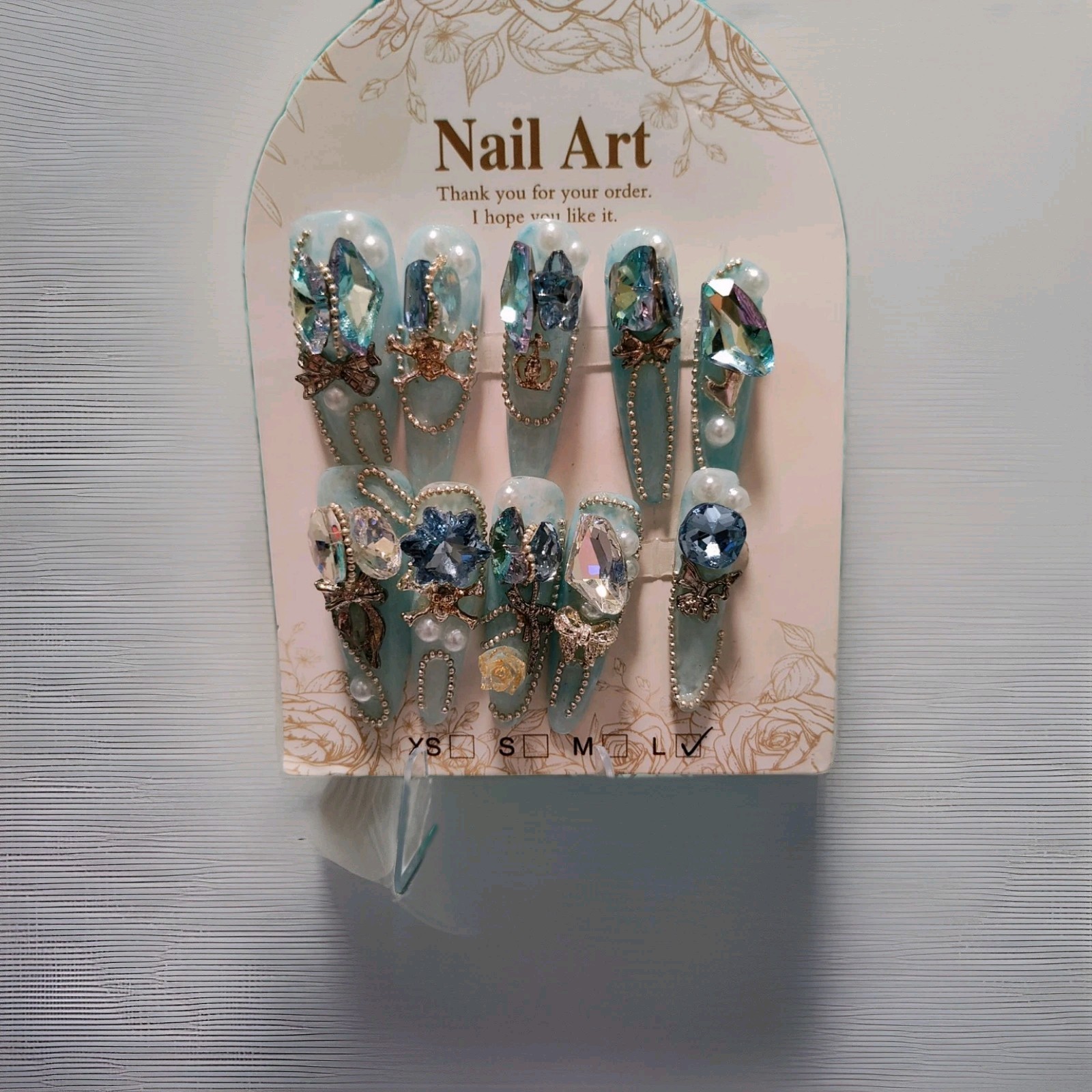Long Blue Silver 3D Shiny Sparkle Oval Press-On Nails Full Cover Size L