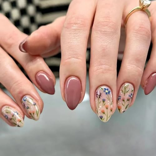 Almond Nails Press on Nails Medium Flower False Nails Colorful Floral Design