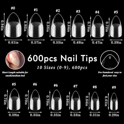 600pcs Short Stiletto Nail Tips, Full Cover Clear Soft Gel Nail Tips Stileto