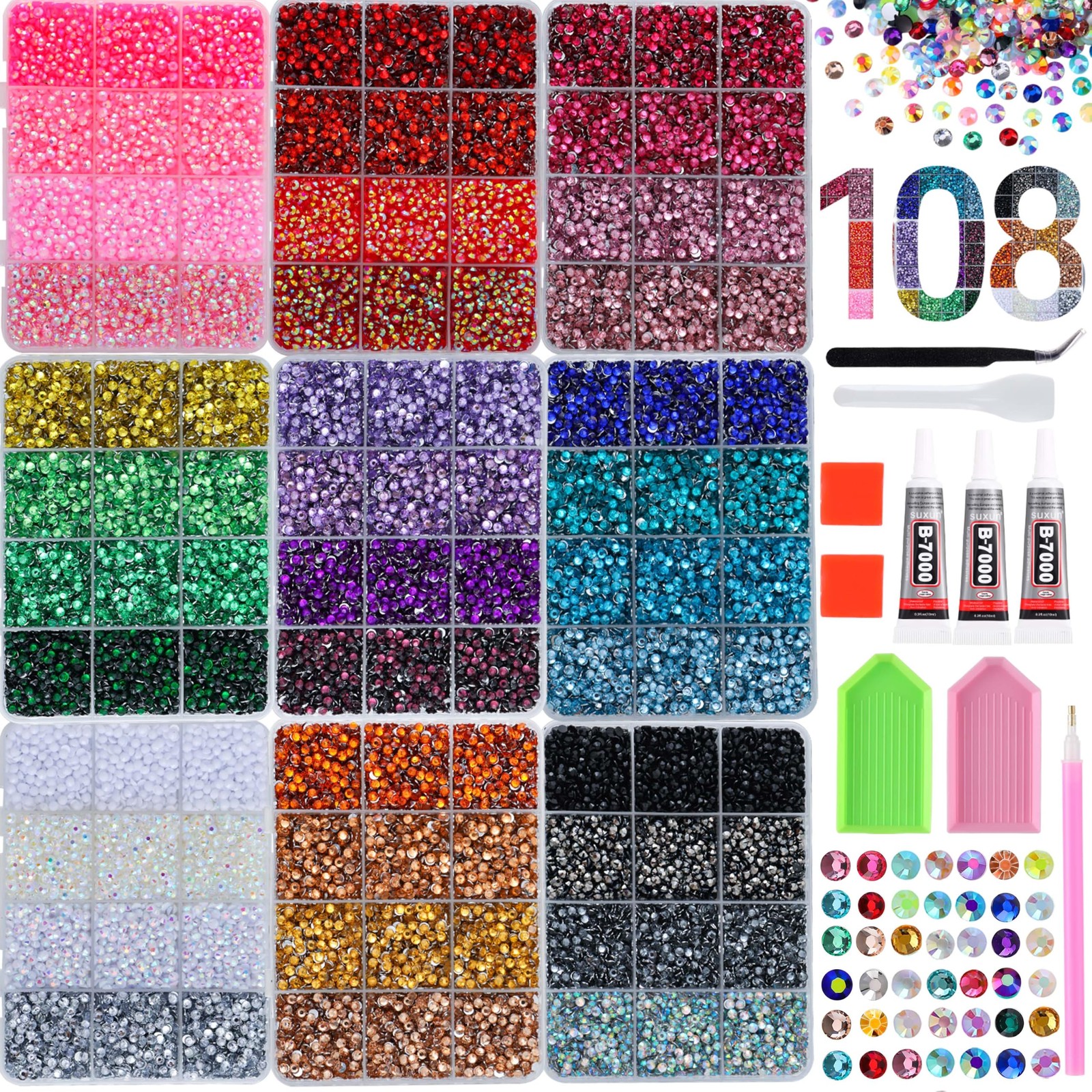 LERBOU Bedazzling Kit 81000PCS Rhinestones, 3mm Flatback Gems Set, 9 Color Se…