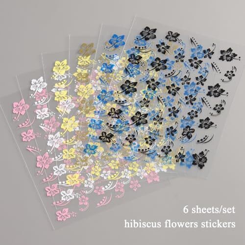 Hibiscus Flower Nail Stickers, 6PCS Hibiscus Flowers Nail Decals 3D Self