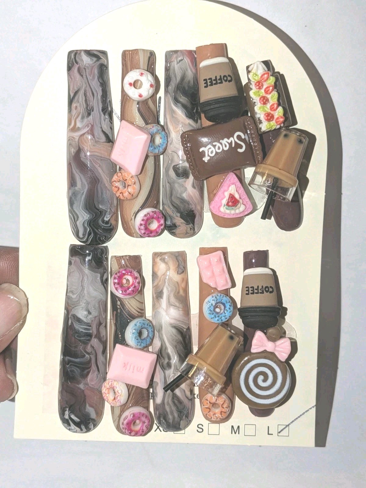 Hand Crafted 3Xl Java Marble Brown & Pink 3D Dessert Press-On Nails Sz Large