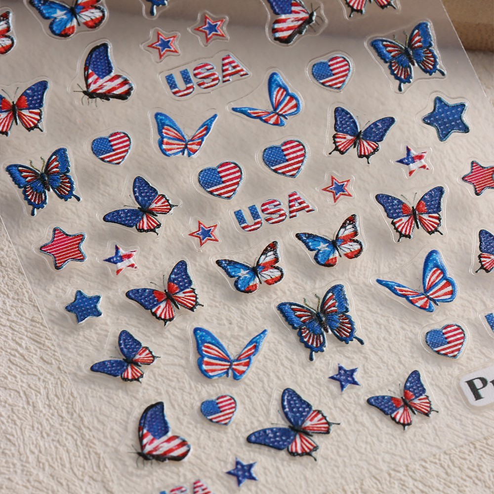 6 Sheets 4th of July Nail Art Stickers 3D Decals Red Blue White American Flags