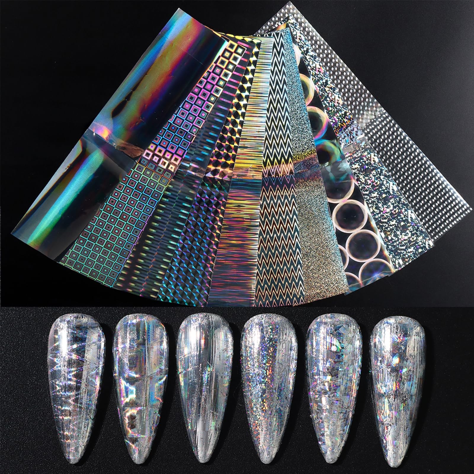 10 Sheets Holographic Nail Art Foil Transfer Stickers, Iridescent Laser Nail …