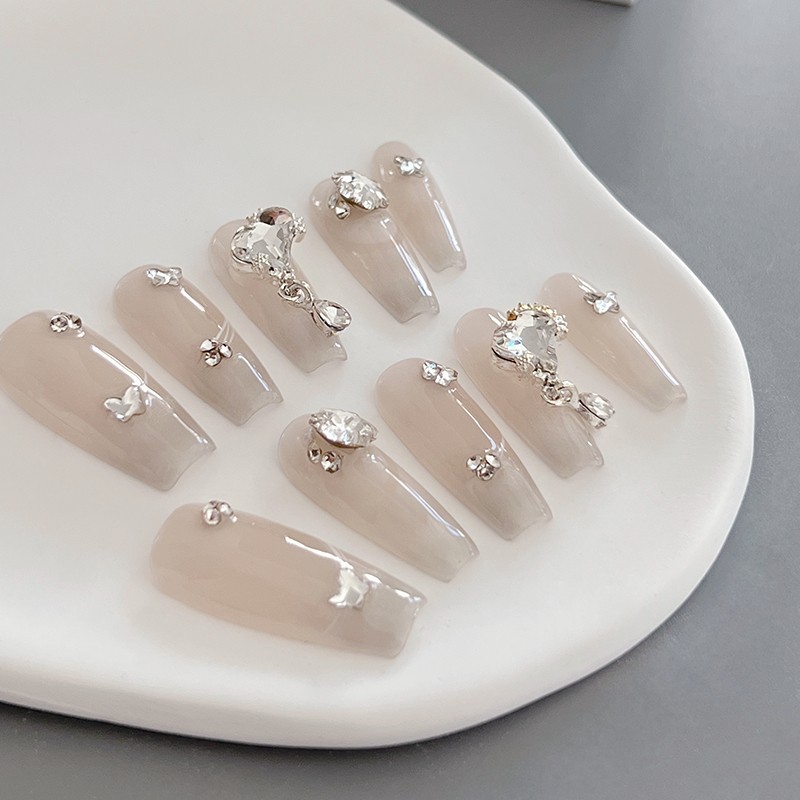 Pressure Nails 3D Love Diamond Crystal Nail Tips Stick on Nails with Nail Glue