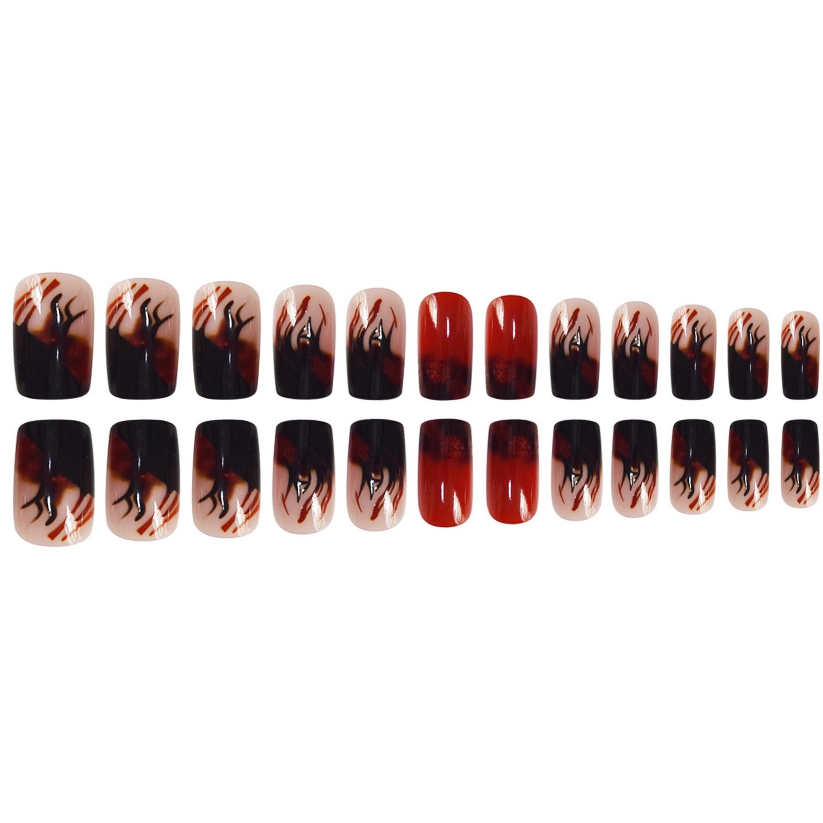 Red Black Gradient Flame Glitter Press On Nails Gothic Rectangle