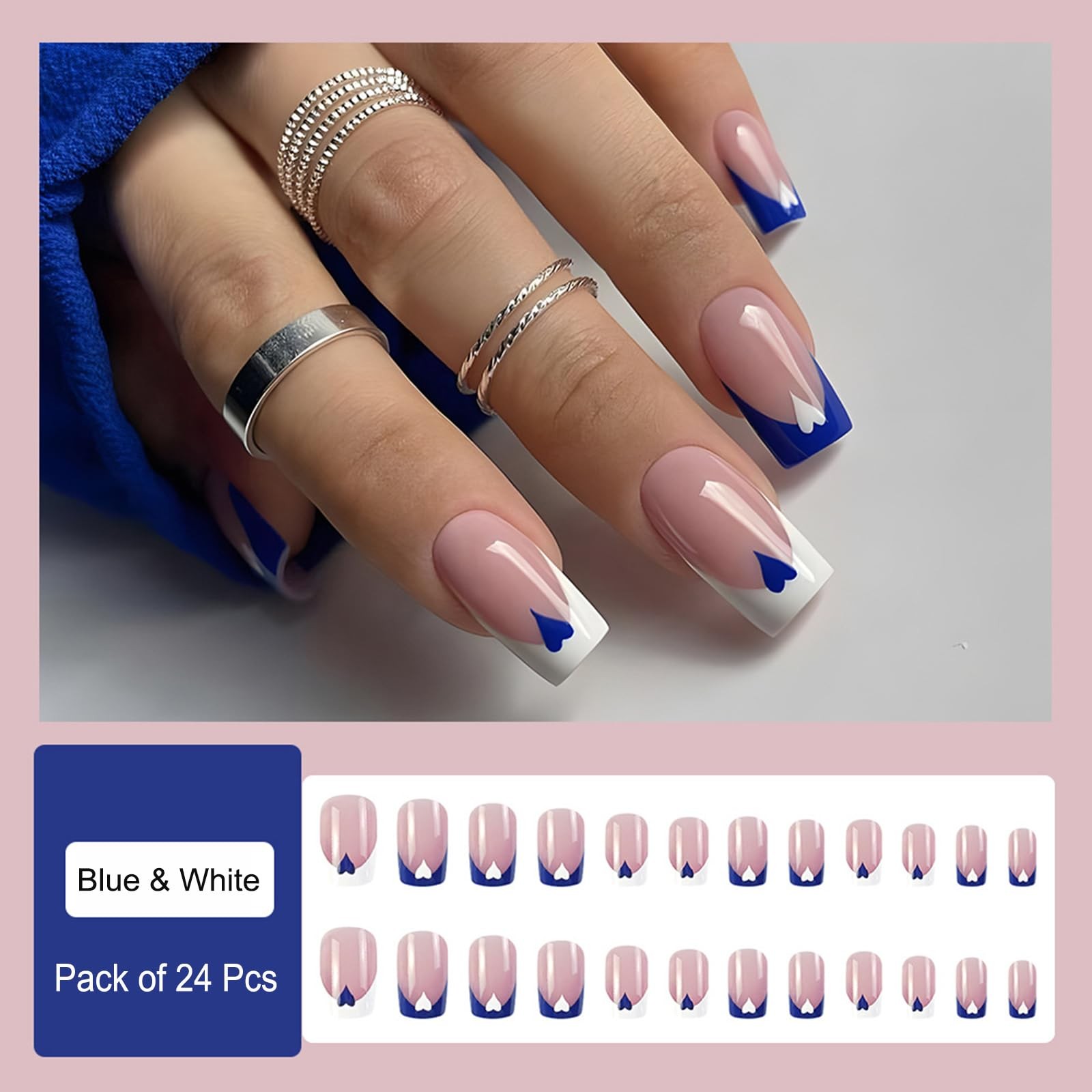 Press on Nails Short Medium Square Nails 24 Pcs, French Blue White Fake Nails…