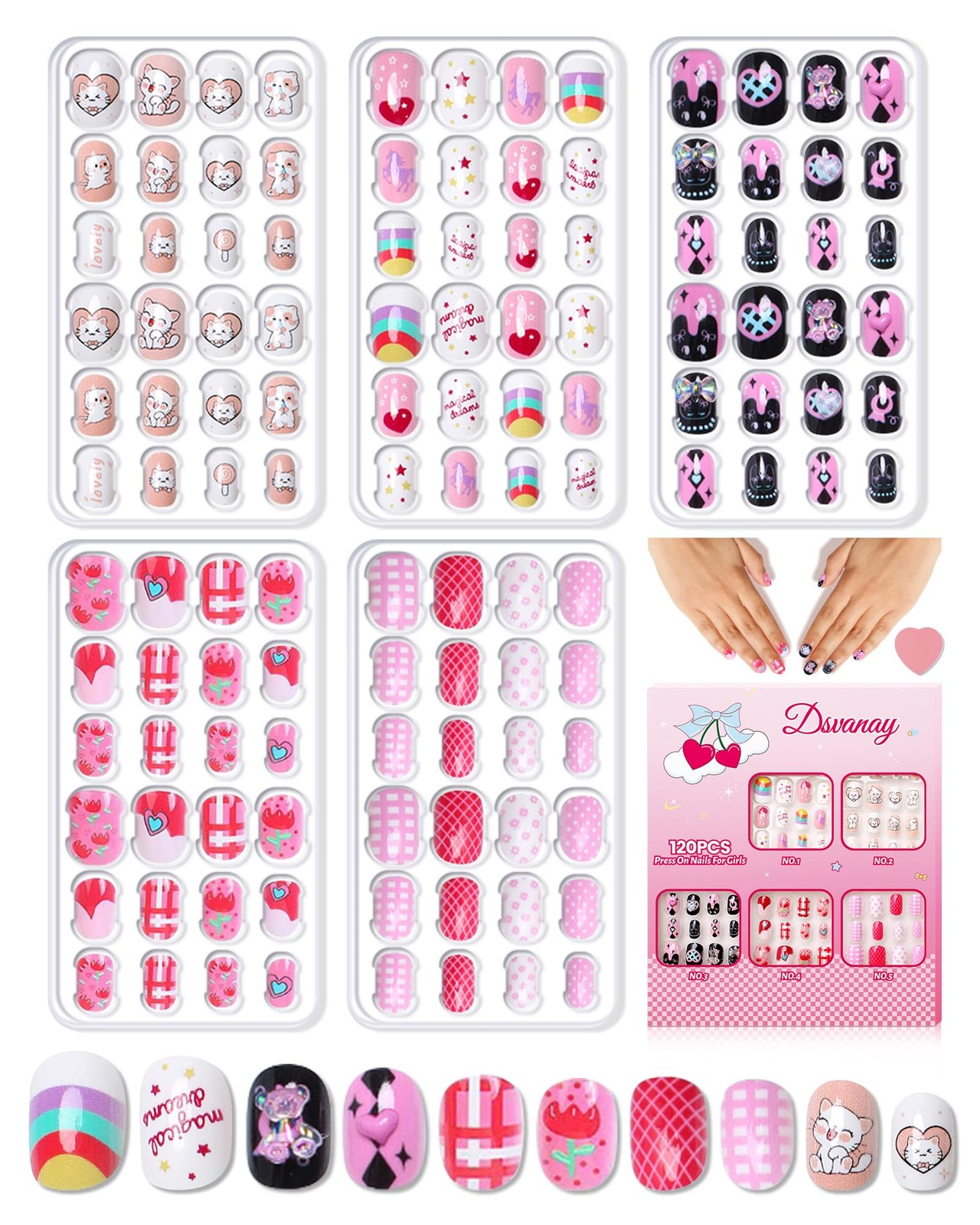 120PCS 5 Pack Press on Nails for Kids,Tweens Girls Soft Fake Nail Kit, Reusab…